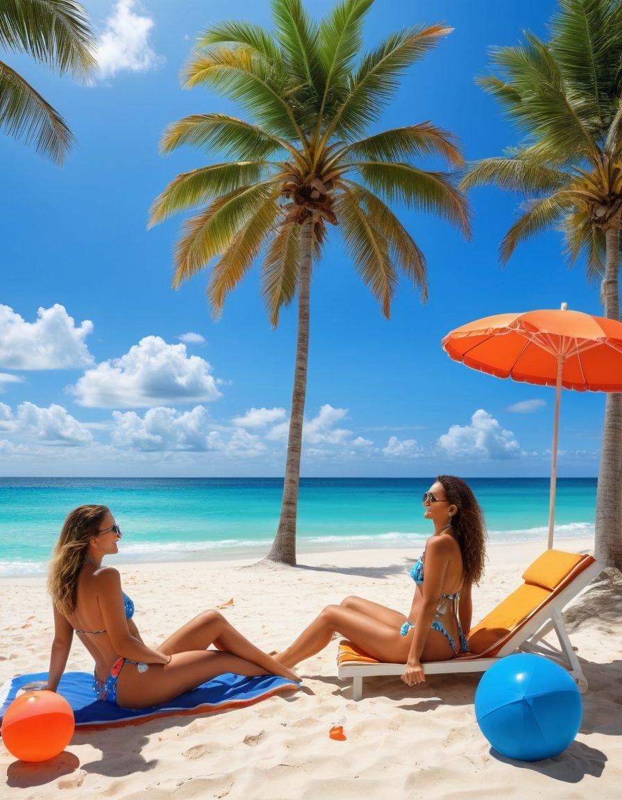 A sun-soaked beach scene showcasing diverse women in stylish bikinis, lounging beside a sparkling pool and transitioning to a vibrant sandy beach. Include colorful beach umbrellas, tropical cocktails, and playful beach balls for a lively atmosphere. The women should embody confidence and joy, representing different body types and ethnicities. The sky should be a bright blue with fluffy clouds, enhancing the summer vibe. super-realistic. vibrant colors. beach setting.